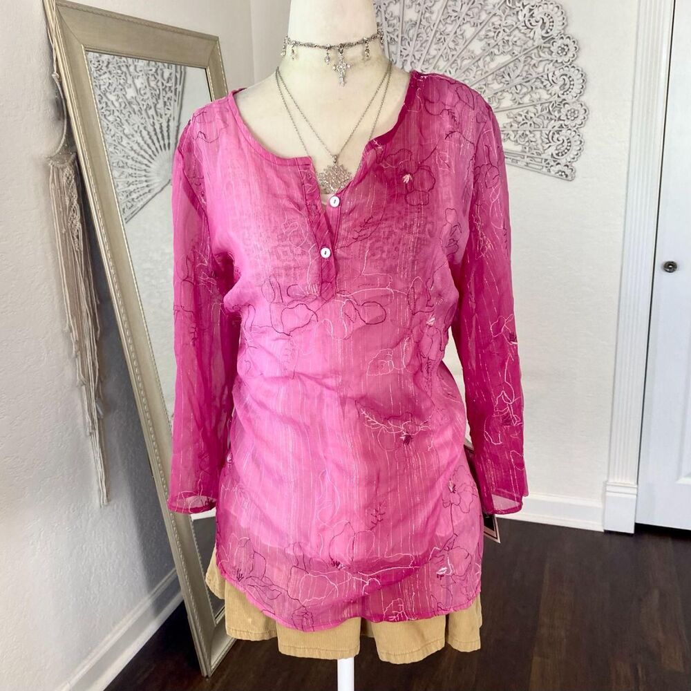 c.b Collections NWT Deadstock Fairycore Pink Sheer Floral Top / Blouse L - Picture 2 of 6